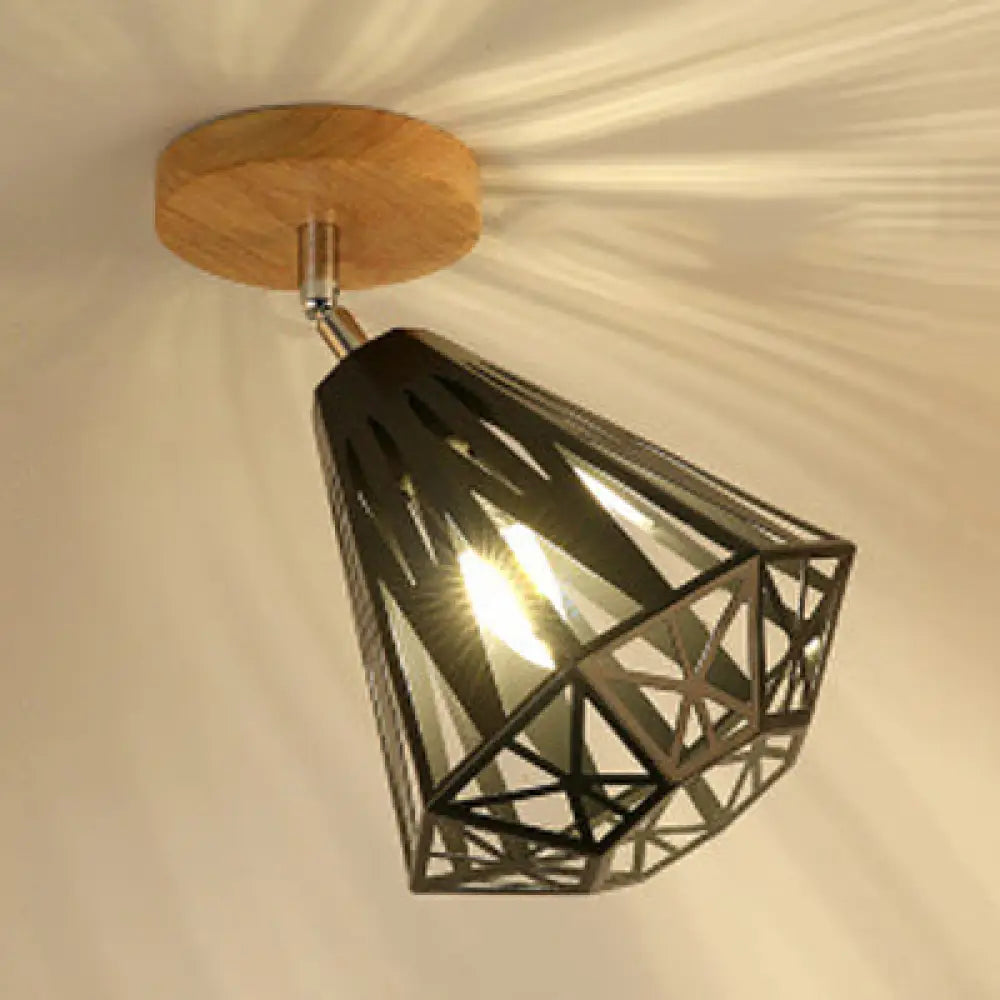 Vintage Industrial Black Ceiling Light Fixture - Metallic Cylinder/Square Cage Design Bedroom Semi