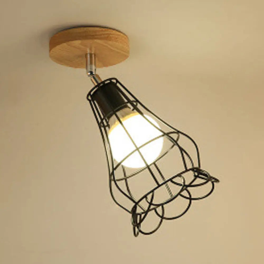 Vintage Industrial Black Ceiling Light Fixture - Metallic Cylinder/Square Cage Design Bedroom Semi