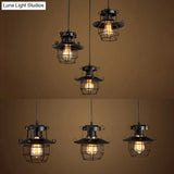 Vintage Industrial Black Metal Pendant Light With Dome Cage Shade And 3 Hanging Lights
