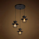 Vintage Industrial Black Metal Pendant Light With Dome Cage Shade And 3 Hanging Lights / Round