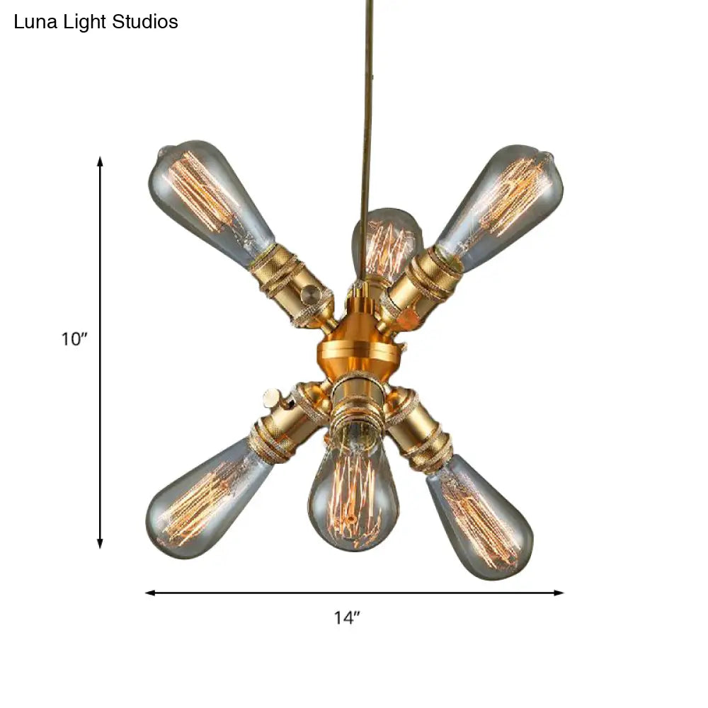 Vintage Industrial Brass Chandelier With 6 Bare Bulb Heads - Perfect For Bars