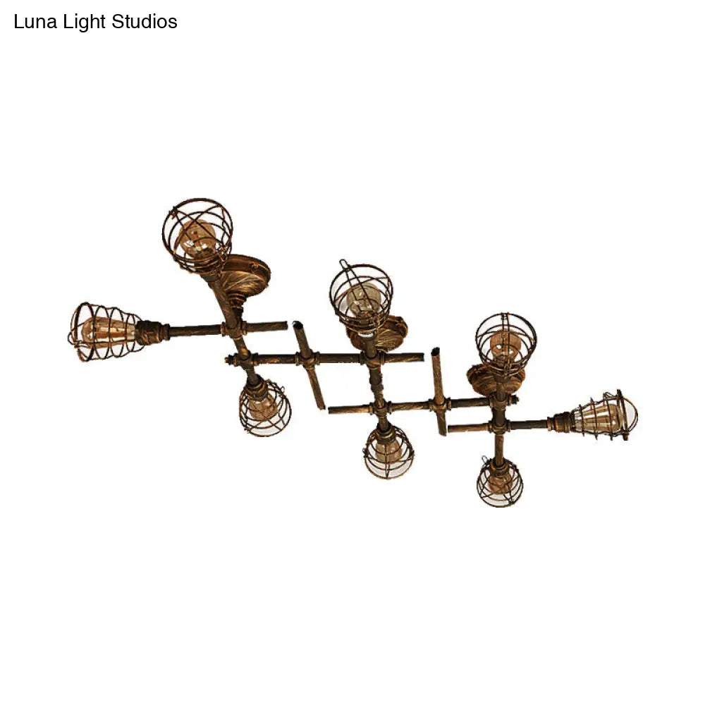 Vintage Industrial Brass Wire Cage Semi-Flush Light With Pipe - 4/6/8 Heads For Living Room Ceiling