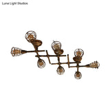 Vintage Industrial Brass Wire Cage Semi-Flush Light With Pipe - 4/6/8 Heads For Living Room Ceiling