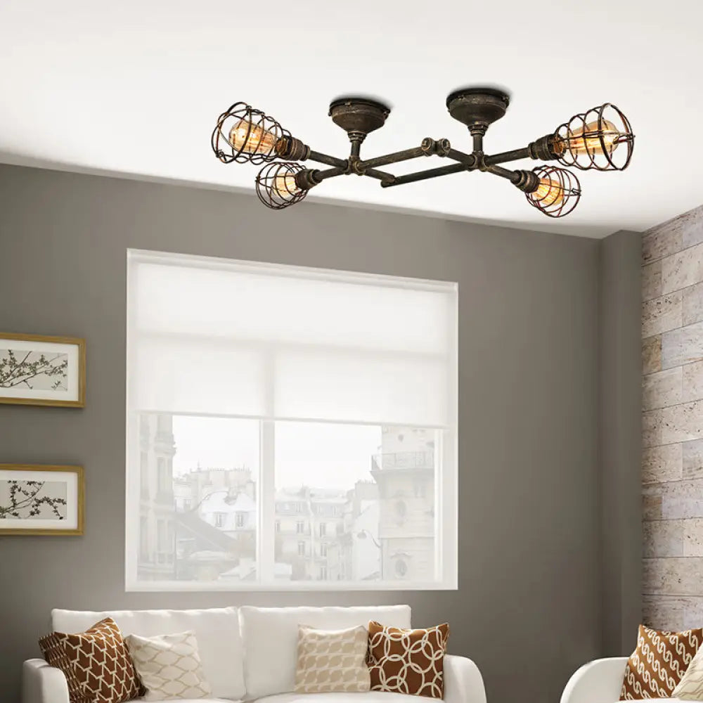 Vintage Industrial Brass Wire Cage Semi-Flush Light With Pipe - 4/6/8 Heads For Living Room Ceiling