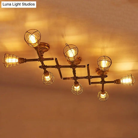 Vintage Industrial Brass Wire Cage Semi-Flush Light With Pipe - 4/6/8 Heads For Living Room Ceiling