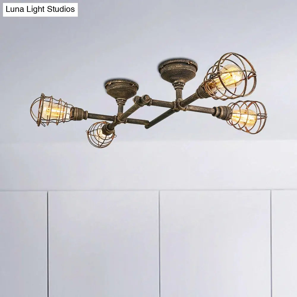 Vintage Industrial Brass Wire Cage Semi-Flush Light With Pipe - 4/6/8 Heads For Living Room Ceiling