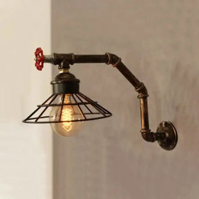 Vintage Industrial Bronze Wall Sconce Lamp With Conical Wire Bulb And Pipe Design