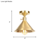 Vintage Industrial Brushed Brass Semi Flush Light - 1 Ceiling Mounted Balcony Fixture 8’/9.5’ Wide