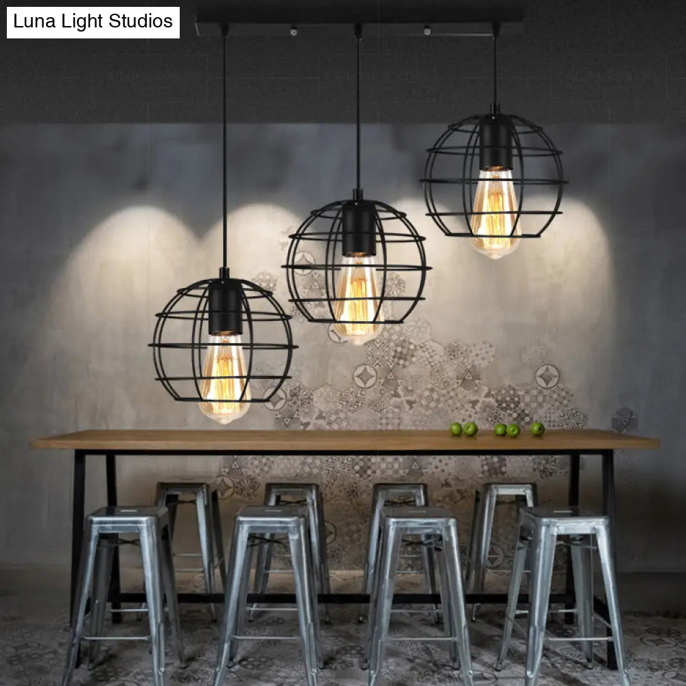 Vintage Industrial Caged Pendant Lighting - 3-Head Metallic Ceiling Light Black