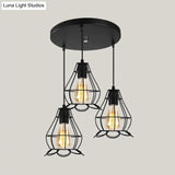 Vintage Industrial Caged Pendant Lighting - 3-Head Metallic Ceiling Light Black