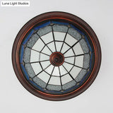 Vintage Industrial Dome Flushmount Ceiling Light With Stained Glass In White/Clear/Blue