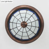 Vintage Industrial Dome Flushmount Ceiling Light With Stained Glass In White/Clear/Blue