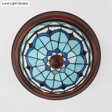 Vintage Industrial Dome Flushmount Ceiling Light With Stained Glass In White/Clear/Blue