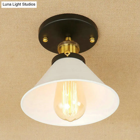 Vintage Industrial Metal Ceiling Light Fixture - Semi-Flush Mount Conic Shade White/Brass