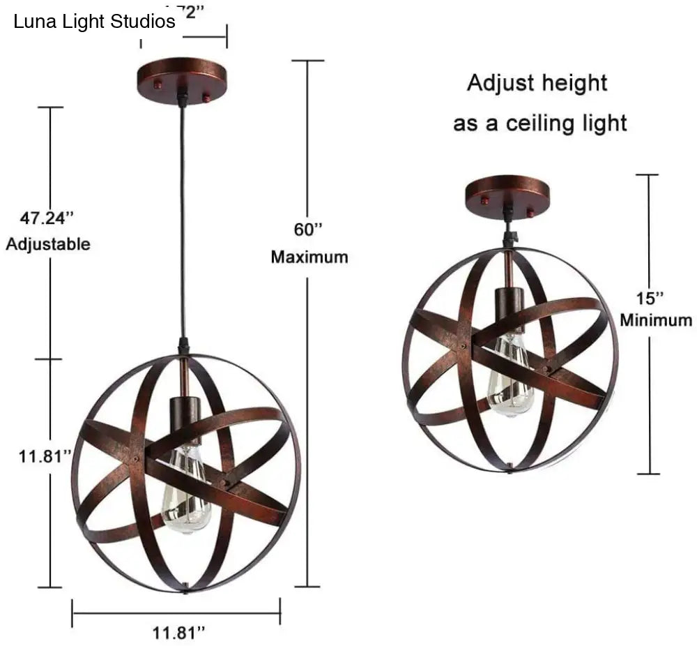 Vintage Industrial Pendant Light With Single Globe Cage For Dining Table
