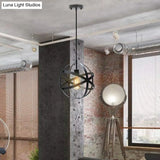 Vintage Industrial Pendant Light With Single Globe Cage For Dining Table