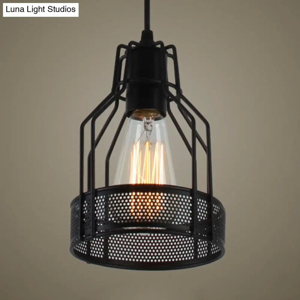 Vintage Industrial Pendant Lighting: Caged Restaurant Metal Fixture With Mesh Screen In Black