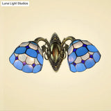 Vintage Industrial Stained Glass Wall Sconce - 2-Head Dome Shade Fixture In Blue
