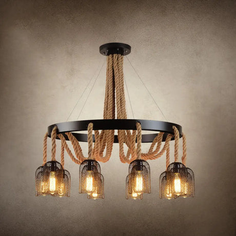 Vintage Iron Chandelier Pendant Light With Rope Detail For Restaurants - Black 10 /
