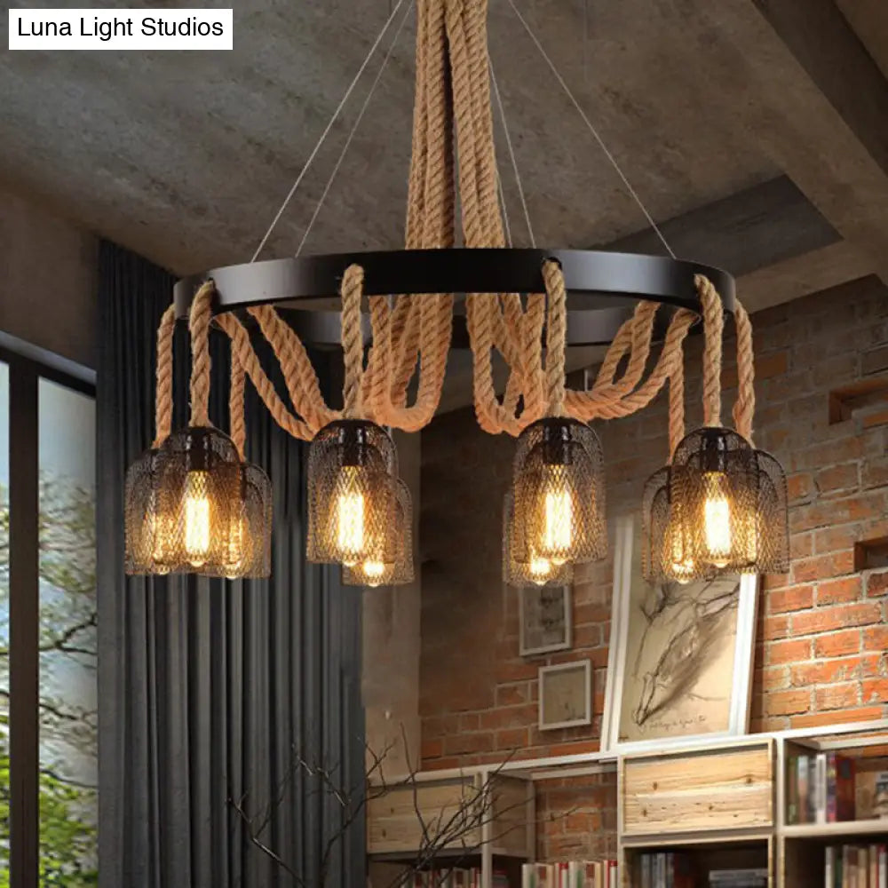 Vintage Iron Chandelier Pendant Light With Rope Detail For Restaurants - Black