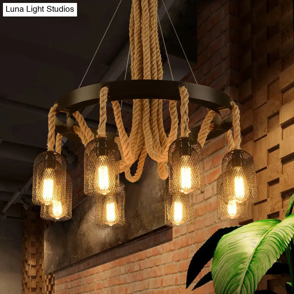 Vintage Iron Chandelier Pendant Light With Rope Detail For Restaurants - Black