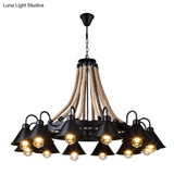 Vintage Iron Wheel Chandelier Pendant Light With Hemp Rope In Black For Restaurants