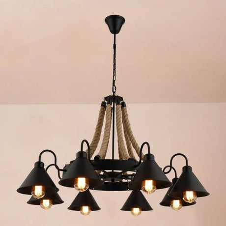 Vintage Iron Wheel Chandelier Pendant Light With Hemp Rope In Black For Restaurants / 36.5’ A