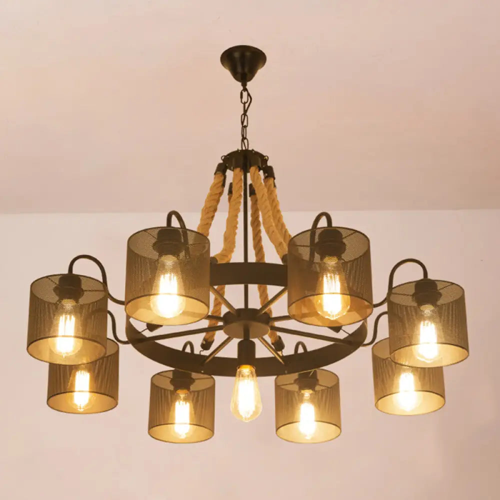 Vintage Iron Wheel Chandelier Pendant Light With Hemp Rope In Black For Restaurants / 36.5’ B
