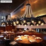 Vintage Iron Wheel Chandelier Pendant Light With Hemp Rope In Black For Restaurants