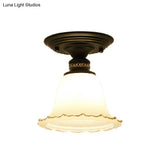 Vintage Ivory Glass Flared Ceiling Light With 1 Bulb - Semi Mount Black Fixture