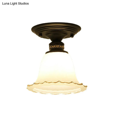 Vintage Ivory Glass Flared Ceiling Light With 1 Bulb - Semi Mount Black Fixture