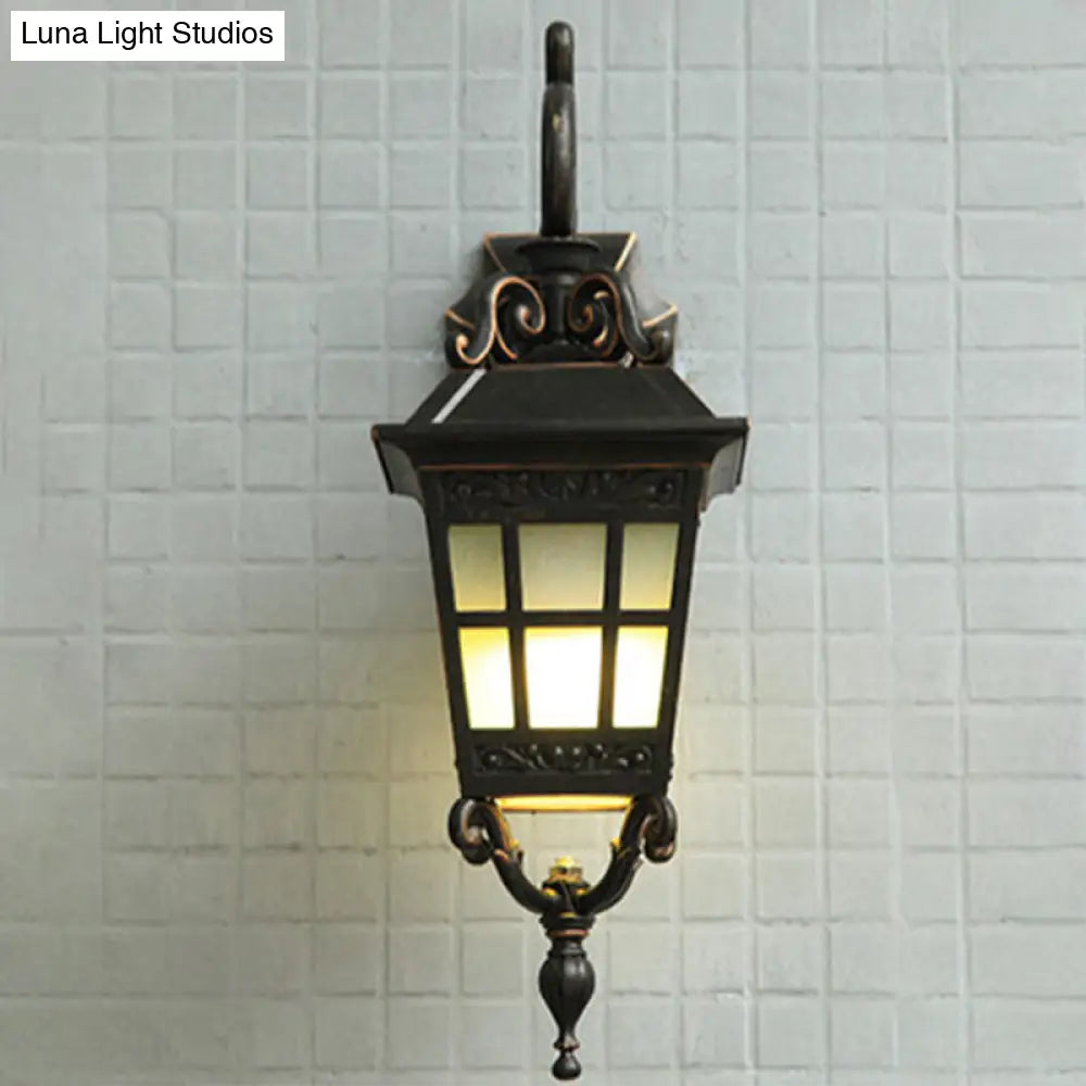 Vintage Lantern Sconce Light - Single Frosted Glass Outdoor Wall Mount With Black Scroll Arm