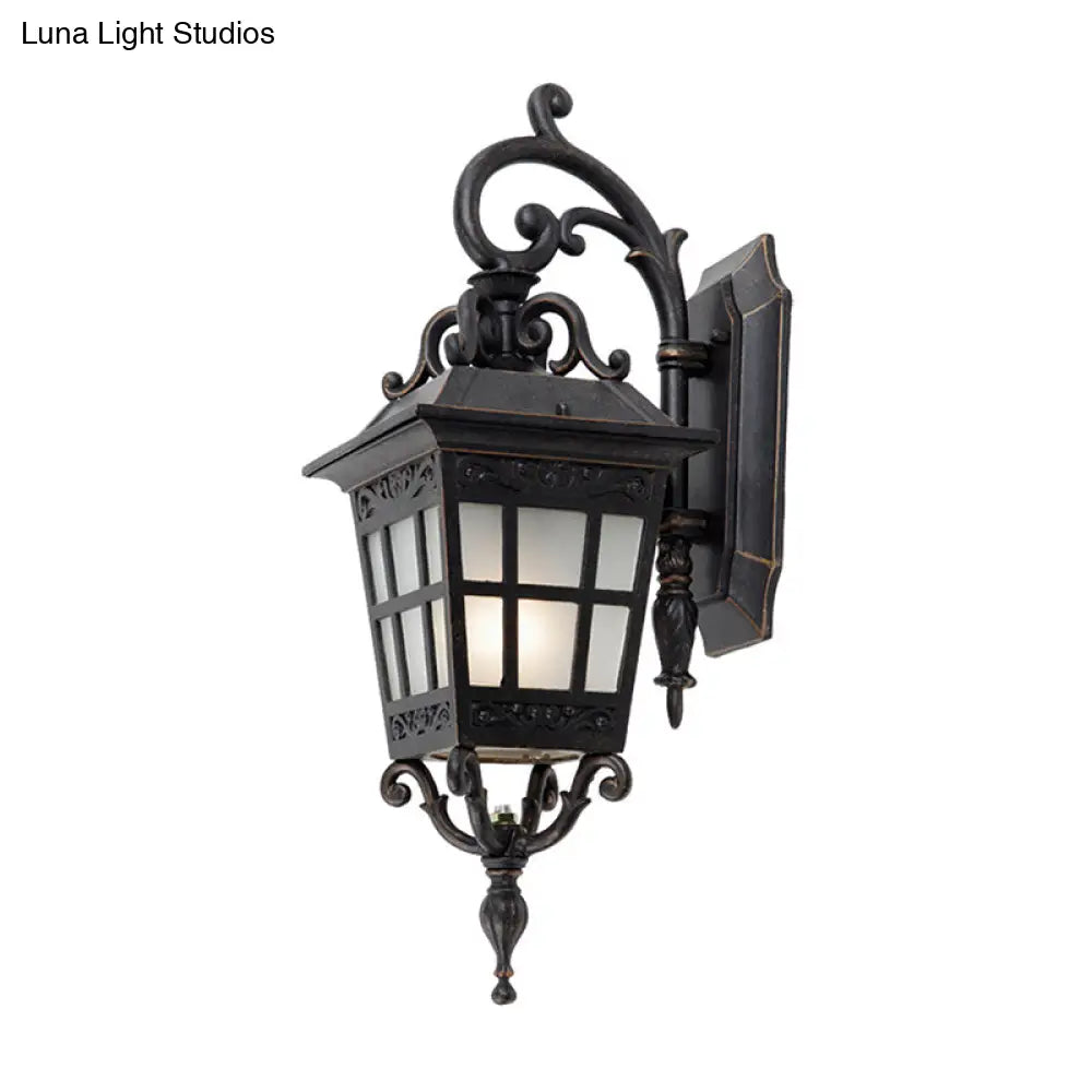 Vintage Lantern Sconce Light - Single Frosted Glass Outdoor Wall Mount With Black Scroll Arm