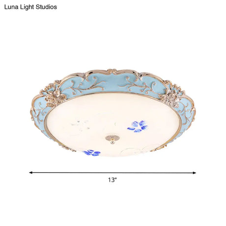 Vintage Led Flush Mount Light With Floral Shade And Opaque Glass - 13’/16’/19.5’ Wide Blue
