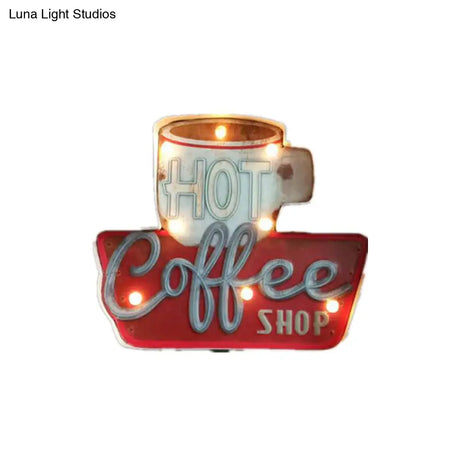Vintage Led Wall Mounted Light: Red Coffee Cup/White Milk Bottle Signage Night Lamp With Iron Shade