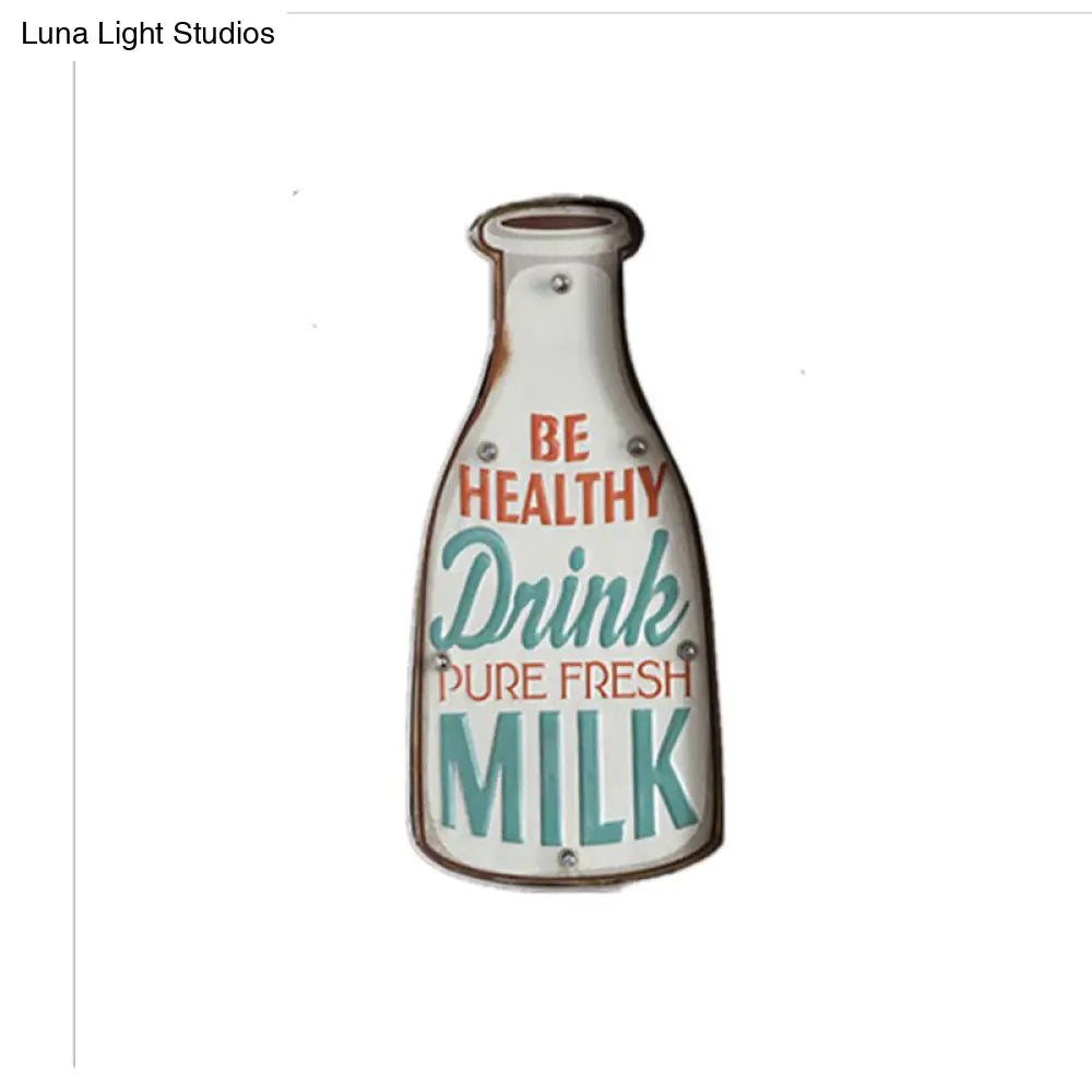 Vintage Led Wall Mounted Light: Red Coffee Cup/White Milk Bottle Signage Night Lamp With Iron Shade