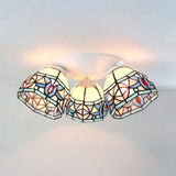 Vintage Magnolia Stained Glass 3-Head Ceiling Fixture In White Flush Mount /