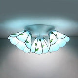 Vintage Magnolia Stained Glass 3-Head Ceiling Fixture In White Flush Mount / Leaf