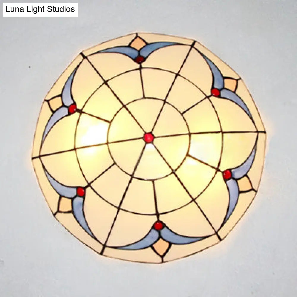 Vintage Magnolia Stained Glass Flush Ceiling Light In White/Clear For Bedroom