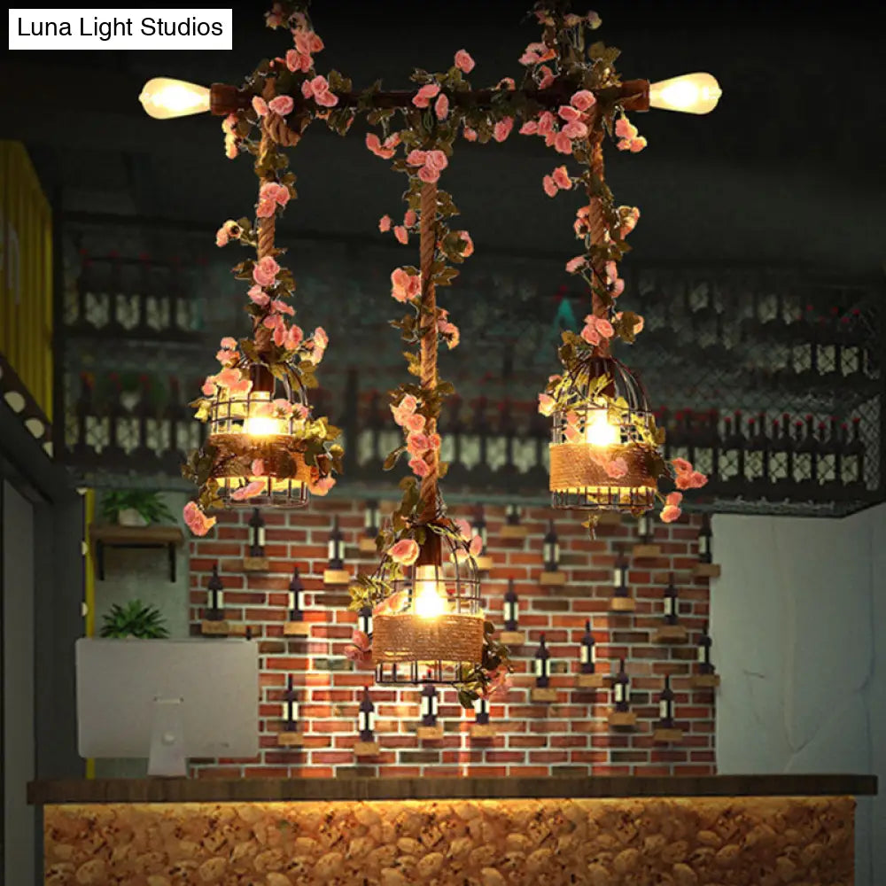 Vintage Metal 3-Head Island Ceiling Light With Flower Decor - Black