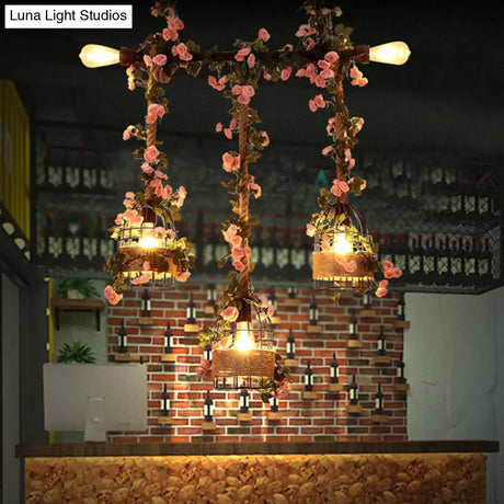 Vintage Metal 3-Head Island Ceiling Light With Flower Decor - Black