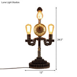 Vintage Metal Bedroom Table Lamp With Gear Design Clock And 3-Light Black Standing Lighting