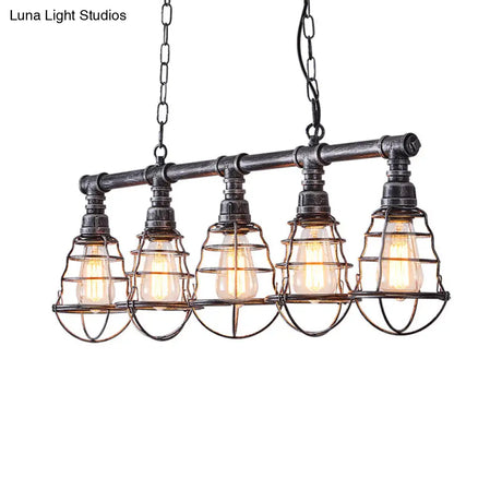 Vintage Metal Caged Island Lamp With 5 Lights - Aged Silver Finish For Dining Room And Billiard