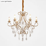 Vintage Metal Candlestick Chandelier With Crystal Strand - Gold Finish Ceiling Hang Light