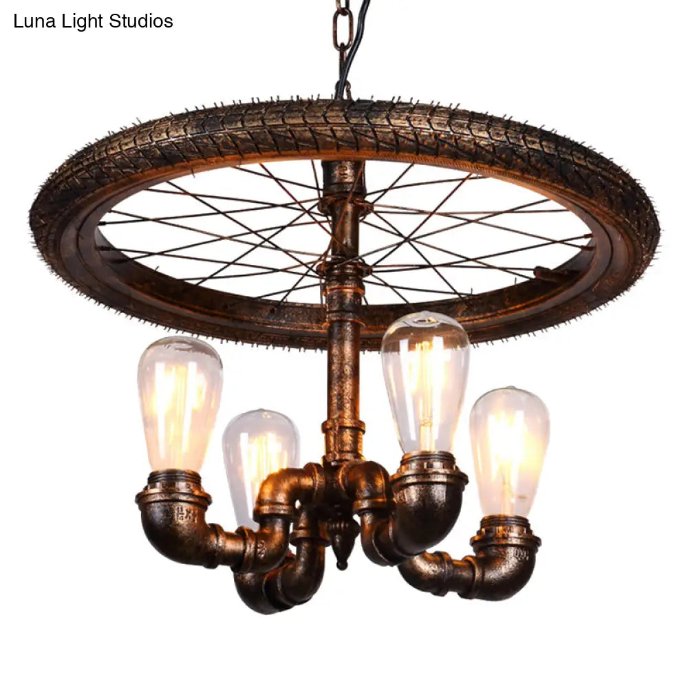 Vintage Metal Chandelier - 4 Lights Rust Pendant Light With Pipe Wheel Design For Living Room