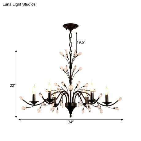 Vintage Metal Chandelier With Exposed Bulbs | 3/6/9 Lights Black Finish Crystal Draping