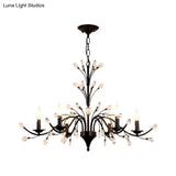 Vintage Metal Chandelier With Exposed Bulbs | 3/6/9 Lights Black Finish Crystal Draping