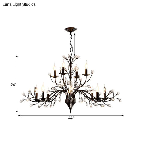 Vintage Metal Chandelier With Exposed Bulbs | 3/6/9 Lights Black Finish Crystal Draping