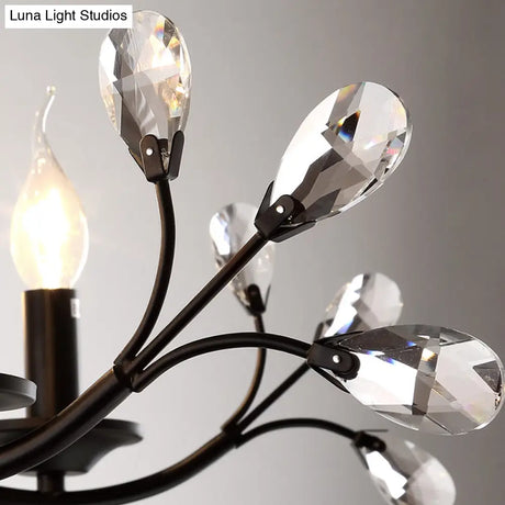 Vintage Metal Chandelier With Exposed Bulbs | 3/6/9 Lights Black Finish Crystal Draping