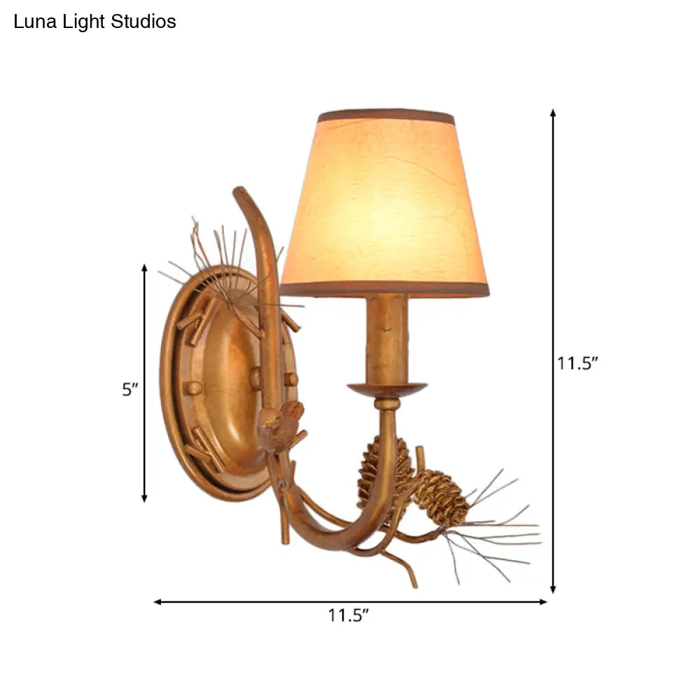 Vintage Metal Cone Sconce With Bird Accent And 1 Light In Bronze - Indoor Wall Mounted Lamp